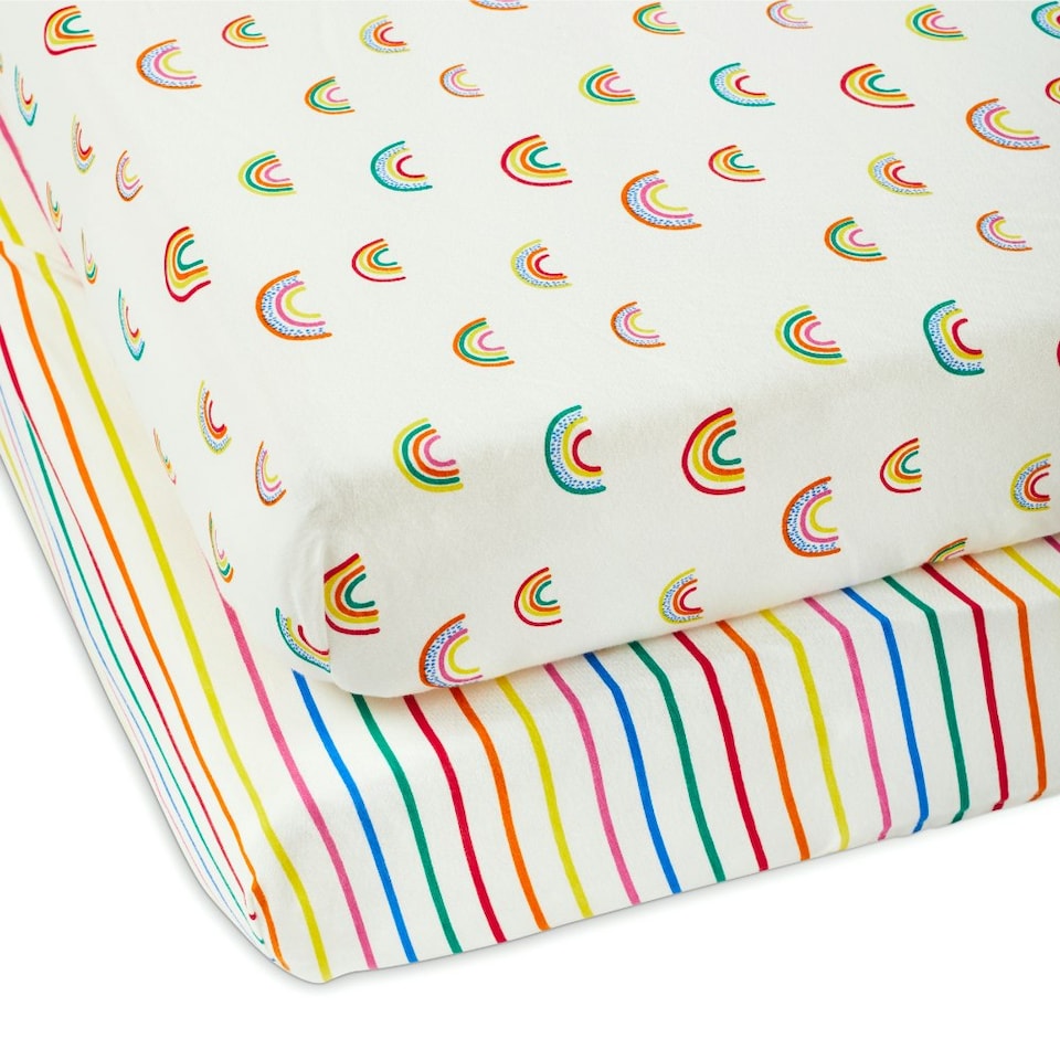 image 1 of Cot Bed Fitted Sheets 2 Pack – 100% Soft Cotton Jersey, Fits 140x70cm Baby Cot Bed Mattress (Rainbow Dreams)