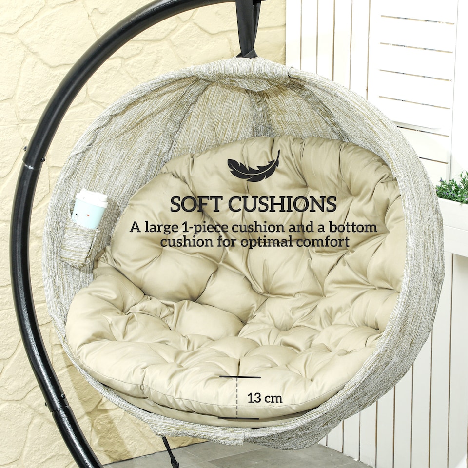 image 1 of Outsunny Hanging Egg Chair Outdoor Indoor Swing Chair, Folding Basket, Khaki