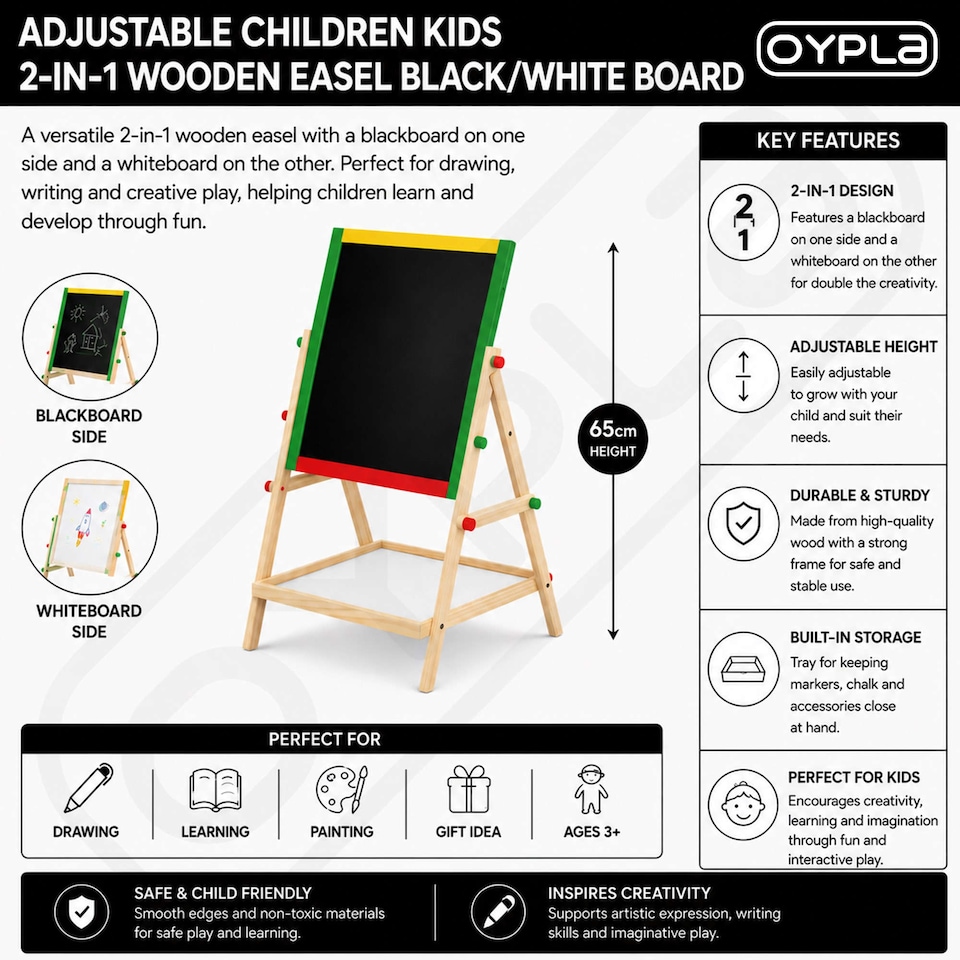 image 1 of Adjustable Children Kids 2-in-1 Wooden Easel Black White Board | Multi