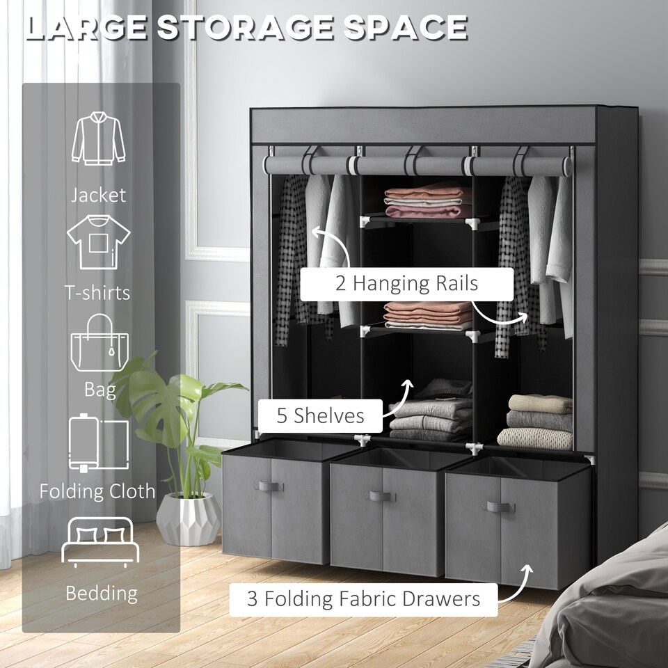 image 1 of HOMCOM Fabric Wardrobe for Bedroom, Portable Wardrobe with 5 Shelves, 2 Hanging Rails and 3 Fabric Drawers, Foldable Closet, 125 x 43 x 162.5cm, Dark Grey
