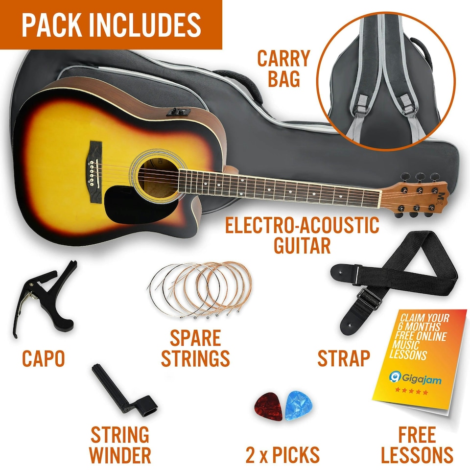 image 1 of MX by 3rd Avenue Cutaway Electro Acoustic Guitar Pack | Orange