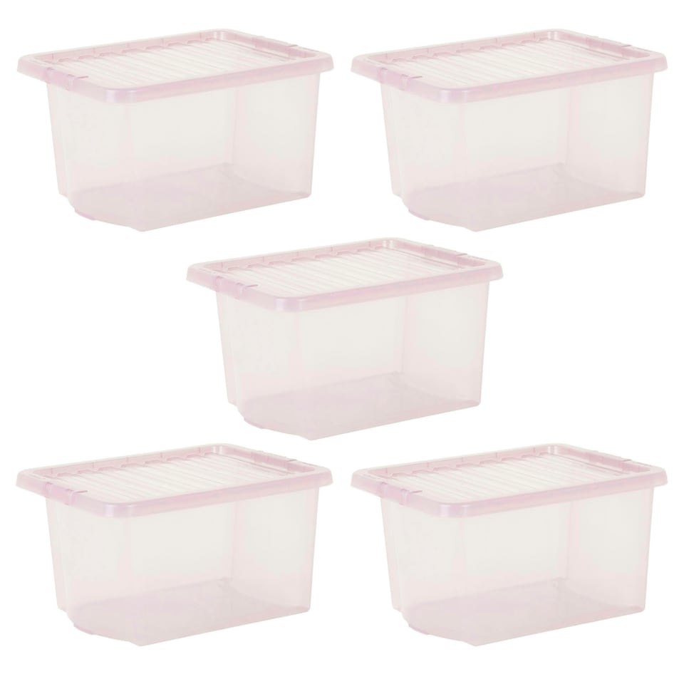 image 1 of Wham Crystal 5 x 28L Stackable Plastic Storage Boxes with Lids Pink
