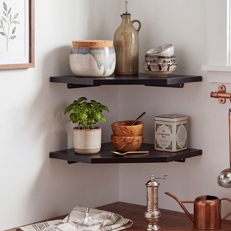 image 1 of Levede 2 Pack Wooden Floating Corner Shelves with Cable Cut Out