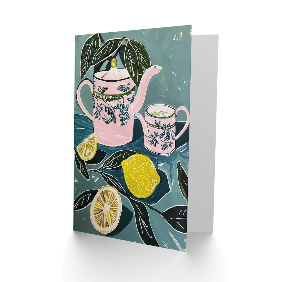 image 1 of Pink Teapot Teacup Lemons Bal Quirky Him Her Birthday Card