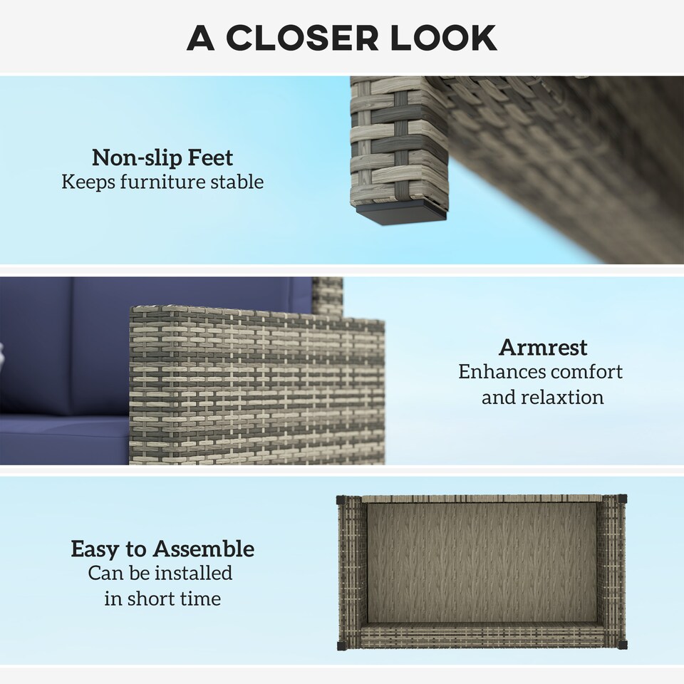 image 1 of Outsunny Rattan Sofa, 2 Seater Garden Furniture with Soft Padded Cushion and Armrests, Wicker Garden Loveseat for Patio, Navy Blue | Blue | Two Seater