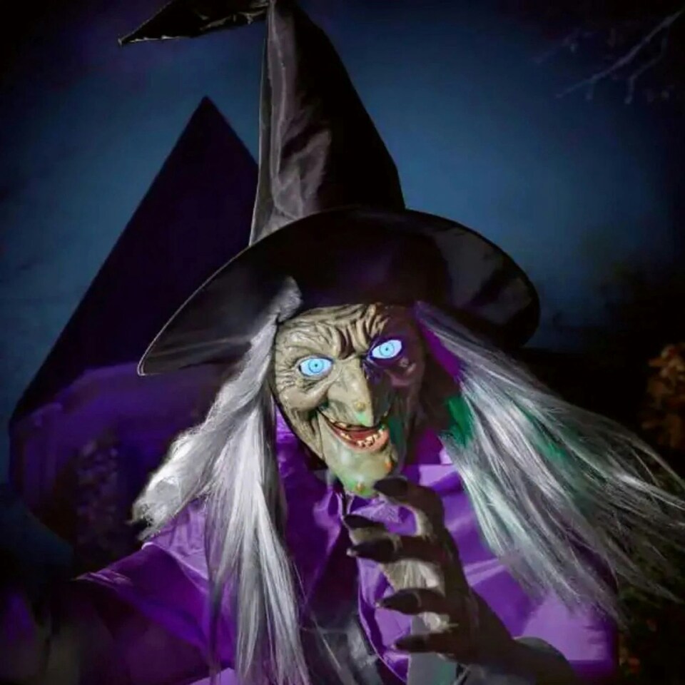 image 1 of Home Accents Holiday 12ft Giant Animated Hovering Halloween Witch with Broomstick and LEDs