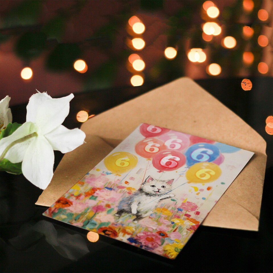 image 1 of Flowers Kitty Balloons Age 6 Year Old Cat Child Kids 6th Birthday Card