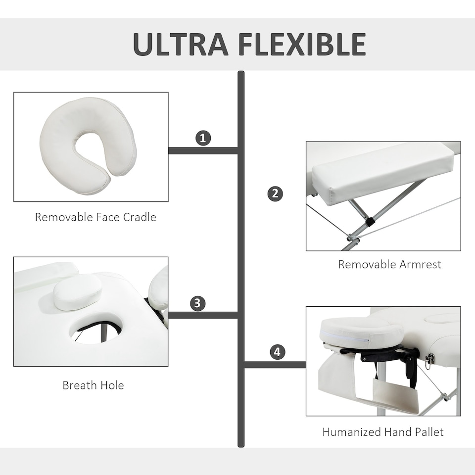 image 1 of HOMCOM Foldable Massage Bed Portable Table, 3-Section Aluminium Foldable Beauty Couch, Professional Salon Spa Table with Headrest Support and Carry Bag, 81 cm Width, White