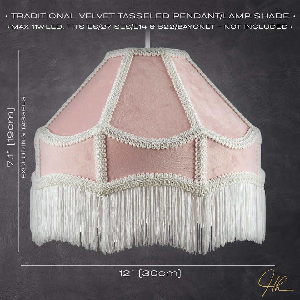 image 1 of Traditional Victorian Empire Lampshade in Soft Blush Pink Velvet with Tassels | Pink