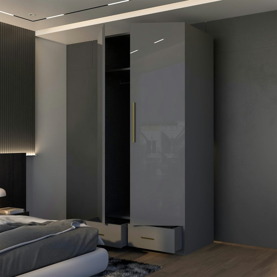 image 1 of Modern 2 Door High Gloss Wardrobe with Mirror, Gold Accent Handles & Storage - 90cm Wide Grey | Grey 90cm