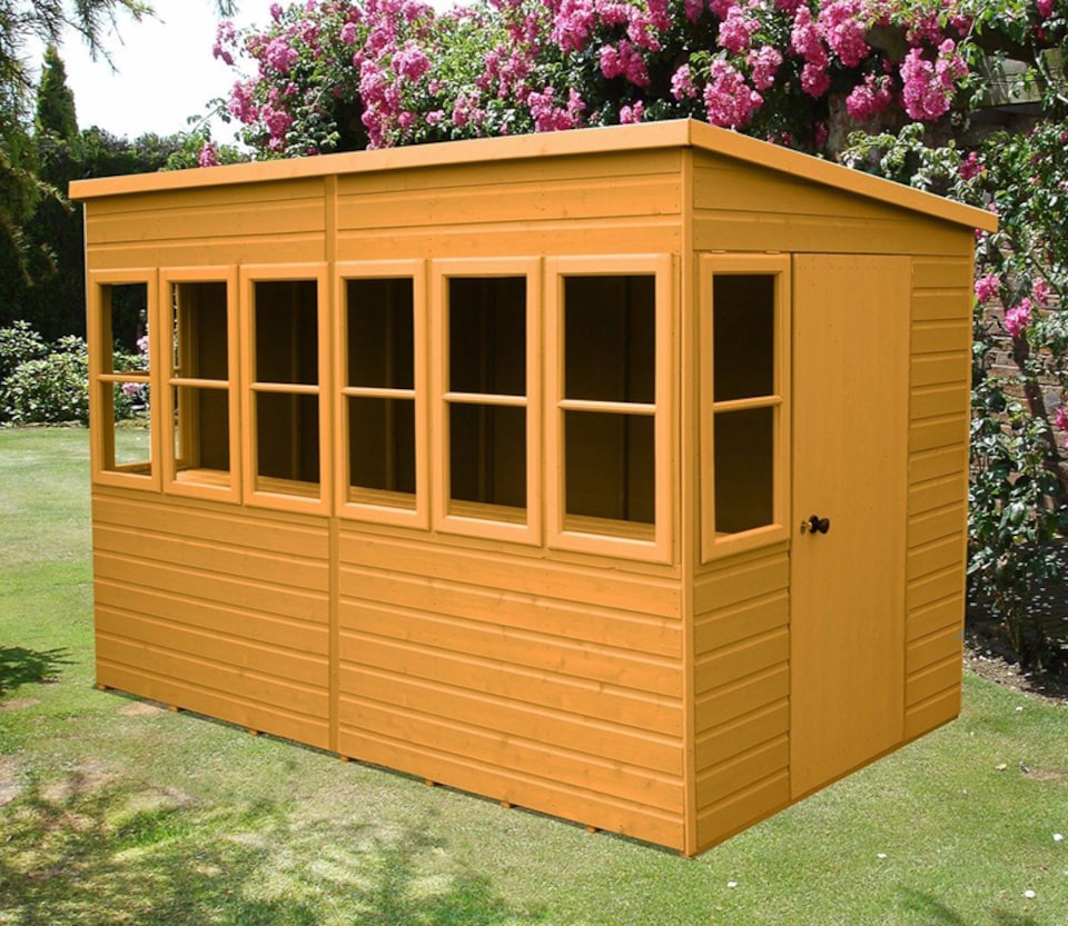 image 1 of Sun Pent 10 x 6 Feet Single Door with Eight Windows Dip Treated Wooden Garden Potting Shed | Brown | Honey Brown
