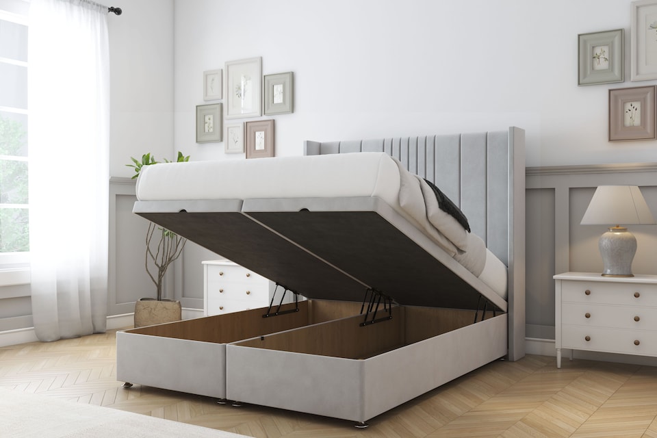 image 1 of Sloomy Hargrave Silver Plush Ottoman Bed Base With 54" Wingback Headboard 3' Single | Silver | Silver | Single | 1