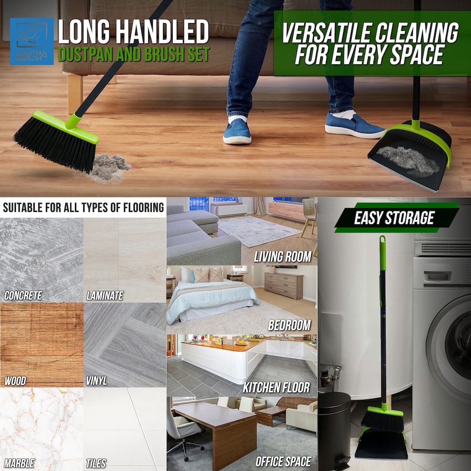 image 1 of Long Handled Dustpan and Brush Set Upright Sweeping Broom with Built-In Bristle Cleaner