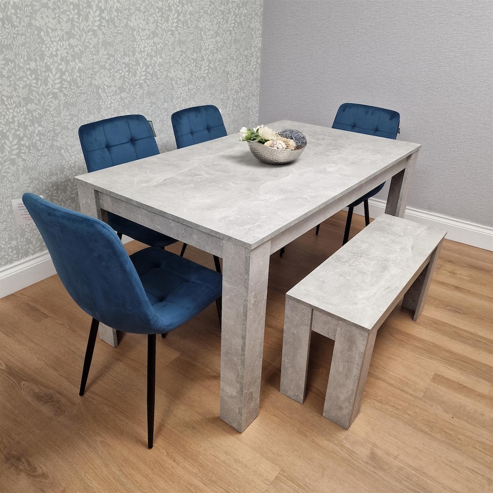 image 1 of Stone Grey Effect Dining Set Table, 4 Blue Velvet Chairs & Bench