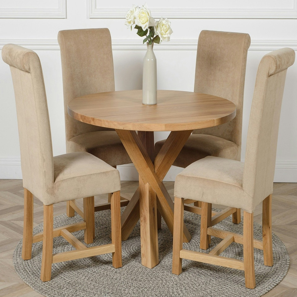 image 1 of Oregon Round Oak Dining Table with Washington Fabric Chairs Brown