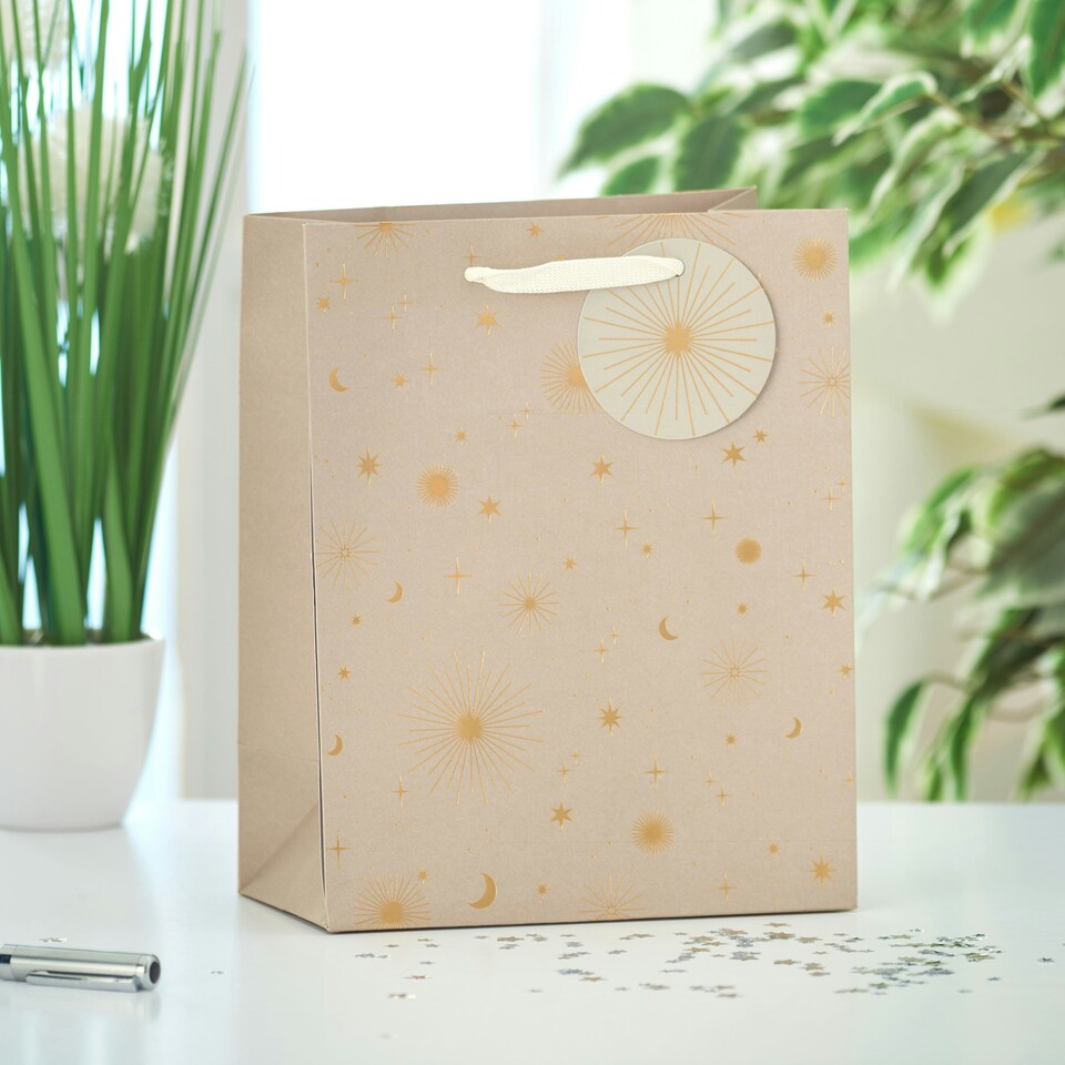 image 1 of Multipack of 3 Medium Gift Bags | Party Bags for Presents | Birthdays/Wedding | For Him/Her/Friend | Starburst Design Silver