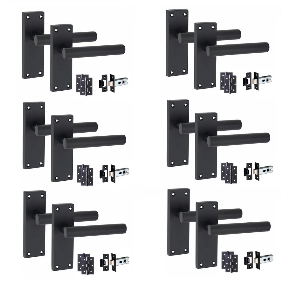 image 1 of Golden Grace 6 Sets Victorian Straight T-Bar Door Handles Latch in Matt Black with 1 Pair of 3" Ball Bearing Hinges & Latches Pack - 120mm x 40mm Backplate Black