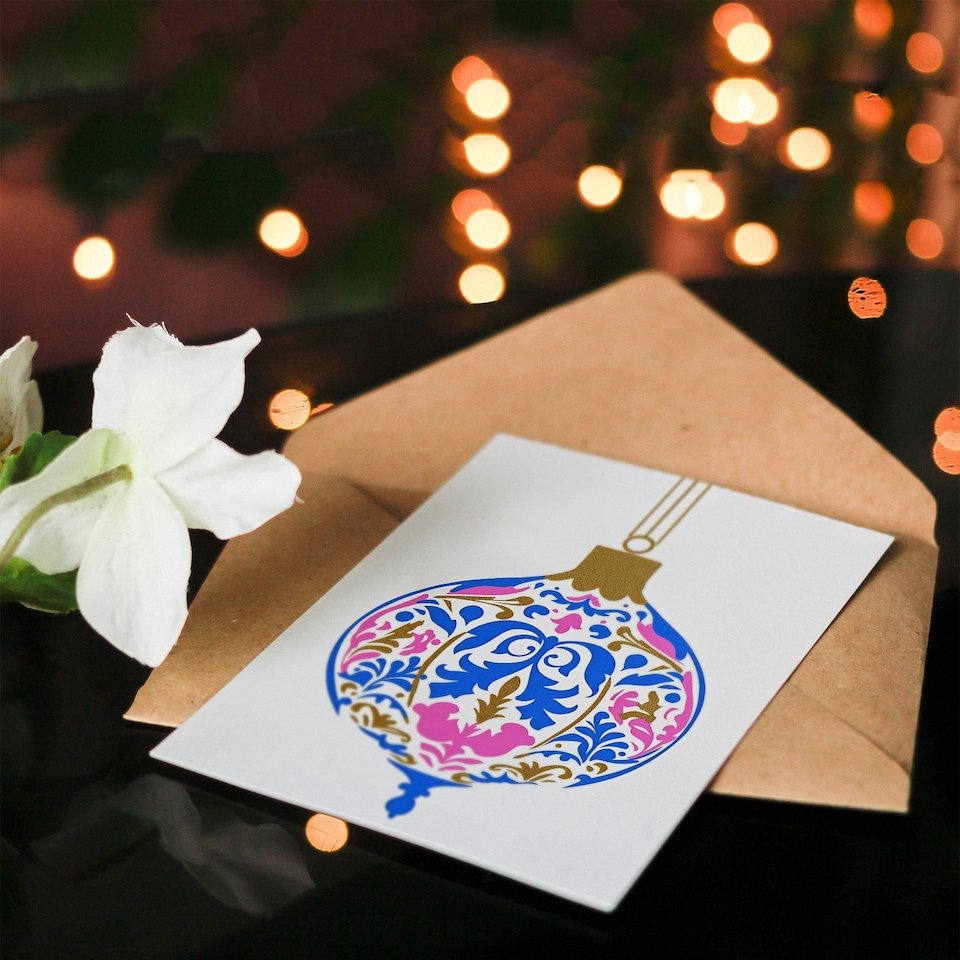 image 1 of Greeting Card Finial Art Nouveau Bauble Pink Blue Gold Modern Blank For Him Or Her Art Xmas Christmas Card