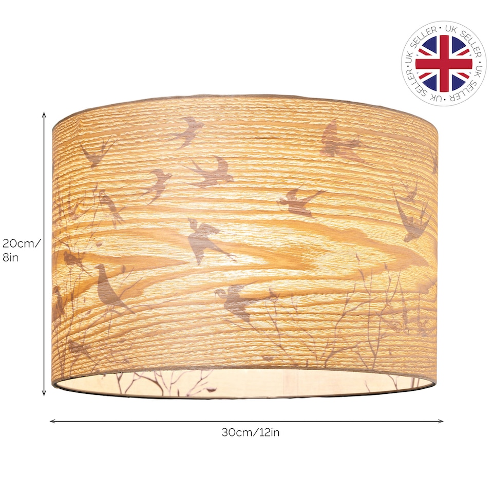 image 1 of Bamboo Wood Effect Lamp Shade with Inner Lining of Birds and Trees | Brown