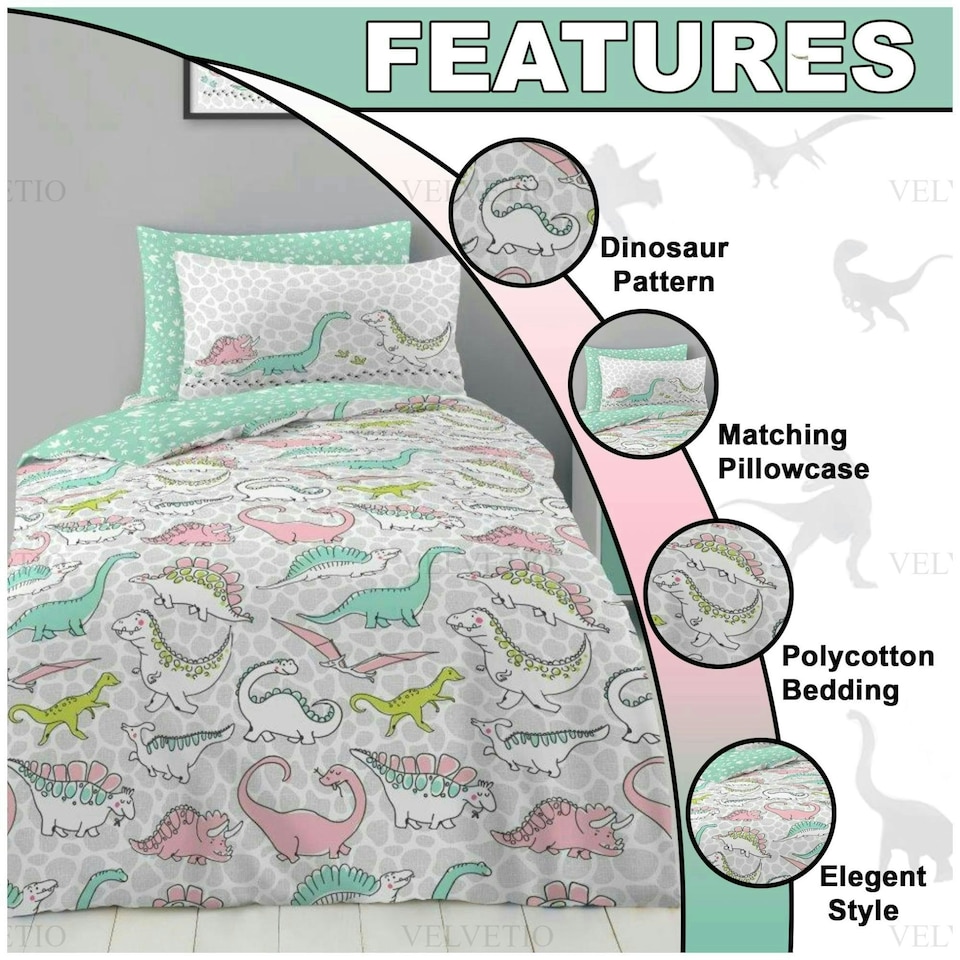 image 1 of VELVETIO Kids Dinosaur Doodle Duvet Cover Set Soft Reversible Beddings Multi | Single