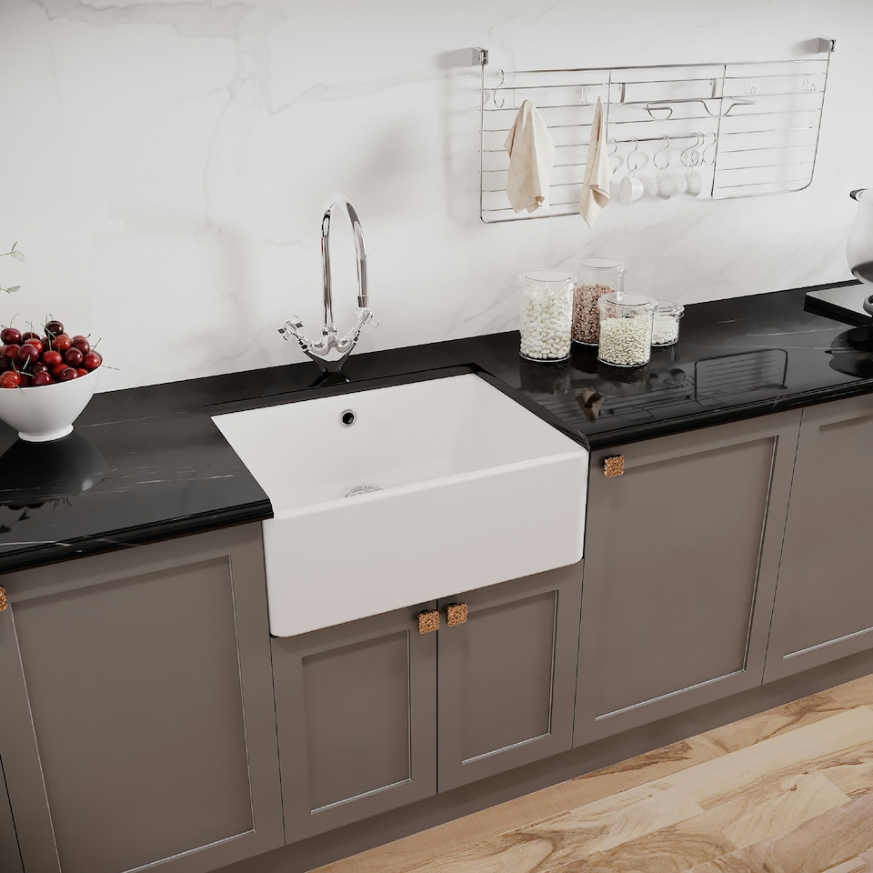 image 1 of 595mm - Single Bowl Fireclay Butler Kitchen Sink -  Overflow, Mixer Tap  & Waste