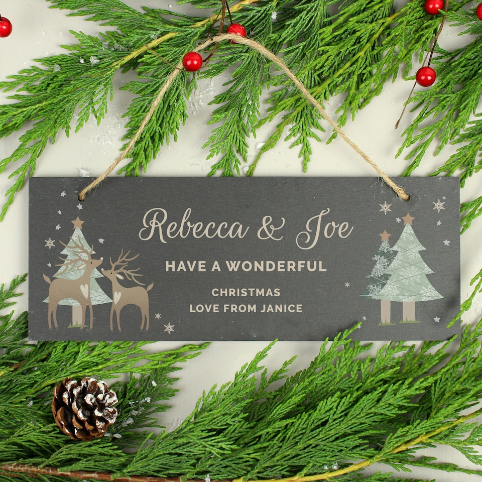 image 1 of Personalised Christmas Reindeer Hanging Slate Plaque
