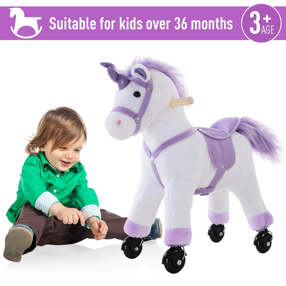 image 1 of HOMCOM Kids Plush Ride-On Unicorn, with Realistic Sounds, Handlebar, Purple