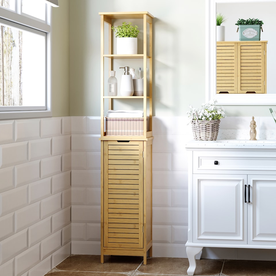 image 1 of kleankin Tall Bathroom Cabinet, Slim Storage Cabinet, Tallboy Bamboo Storage Unit with 3-Tier Storage Shelves and Freestanding Organiser, Natural