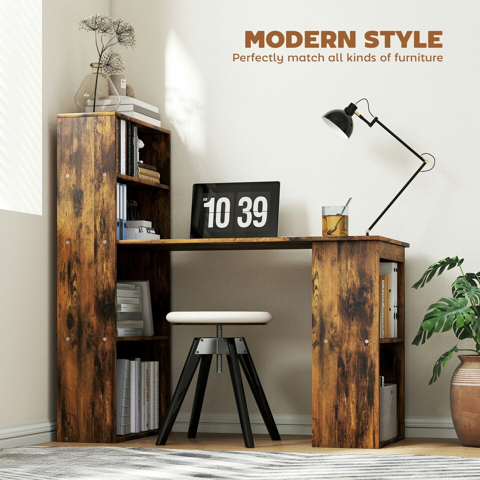 image 1 of HOMCOM 120cm Computer Desk Bookshelf Writing Table 6 Shelves Brown | Brown | Rustic Brown Wood-Effect | 120L x 55D x 120Hcm