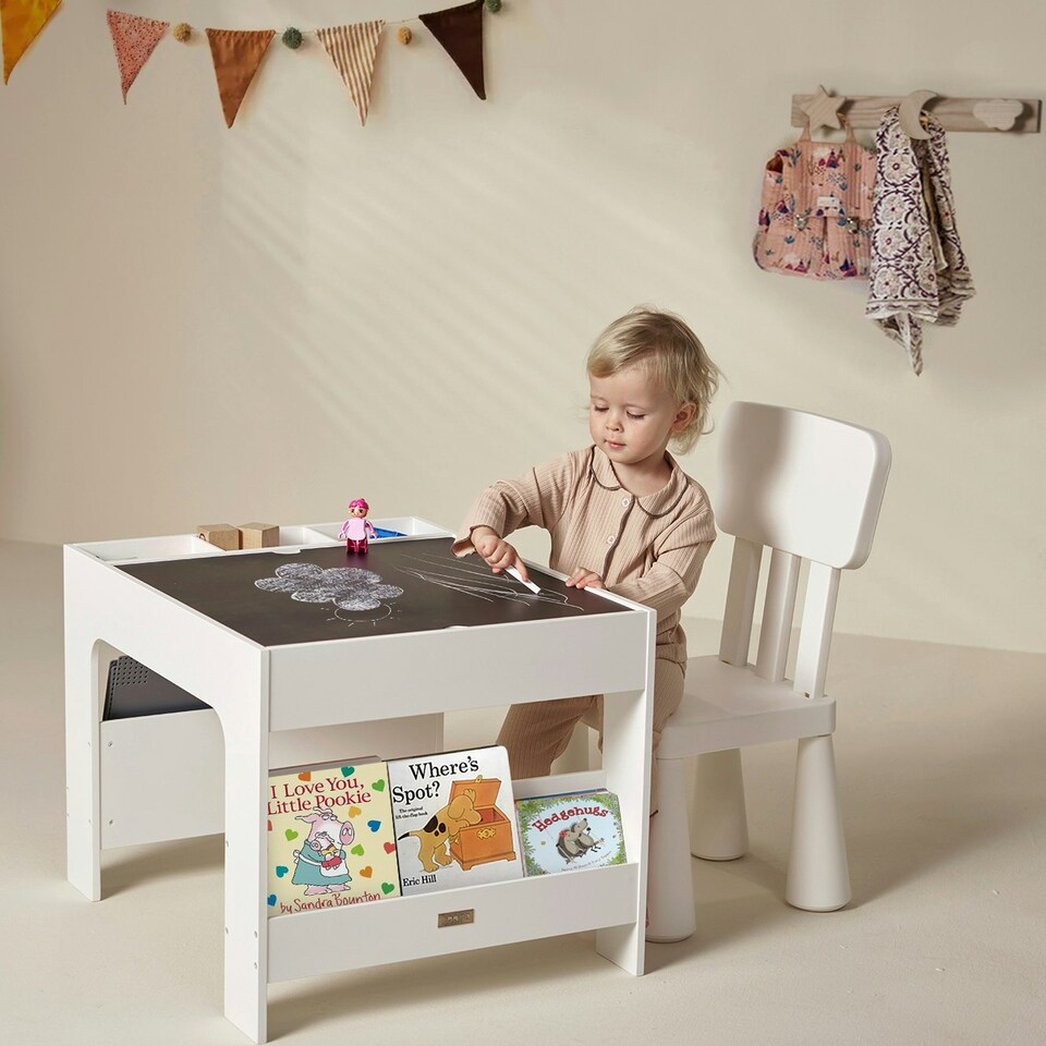 image 1 of Hooga Wooden Activity Table with Storage - 4 City Baseplates & Chalkboard Grey