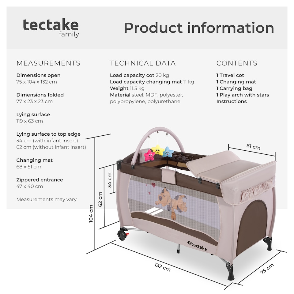 image 1 of Travel Cot Dog - foldable, with changing mat, for children up to 36 months | Cream | brown | 132 x 75 x 104 cm | 1