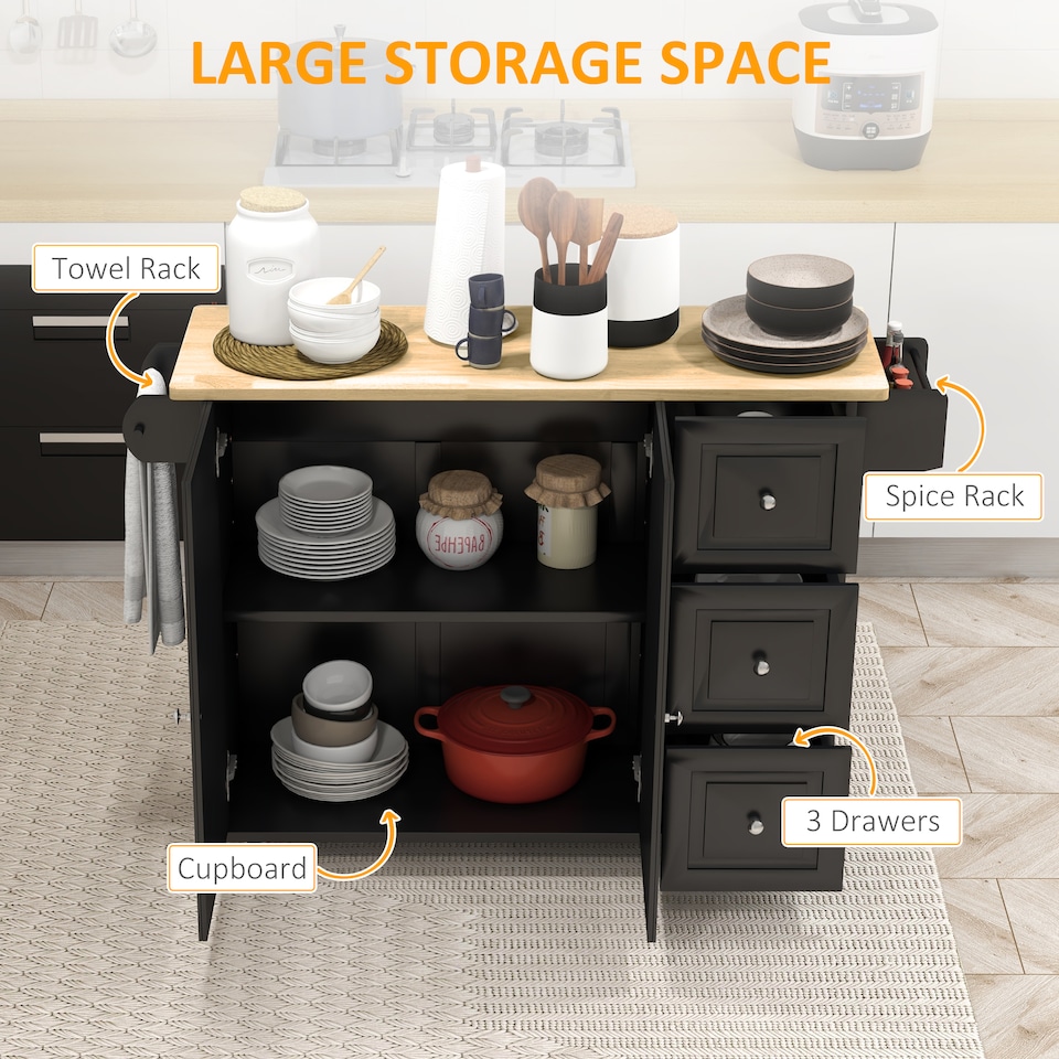 image 1 of HOMCOM Kitchen Island on Wheels, Kitchen Cart with Drop Leaf, Black