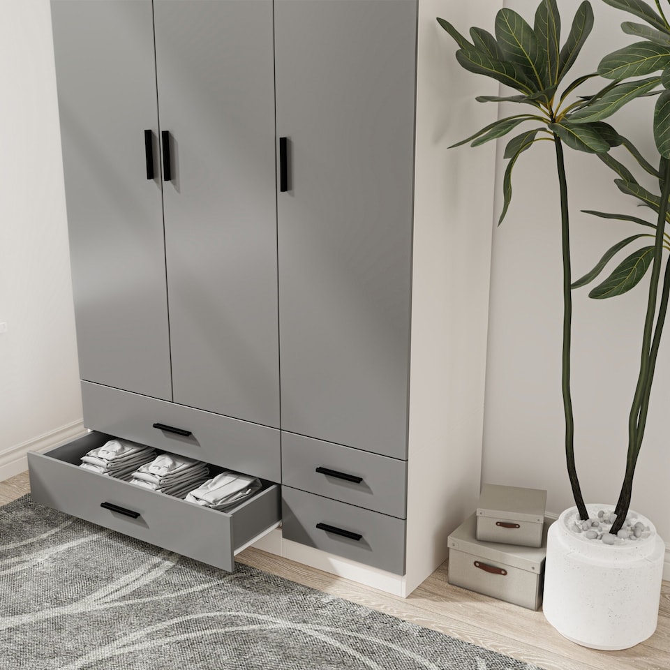 image 1 of 3 Door 4 Drawer Wardrobe With Hanging Rail And Storage Shelf | White | White Carcass & Grey Door | 1