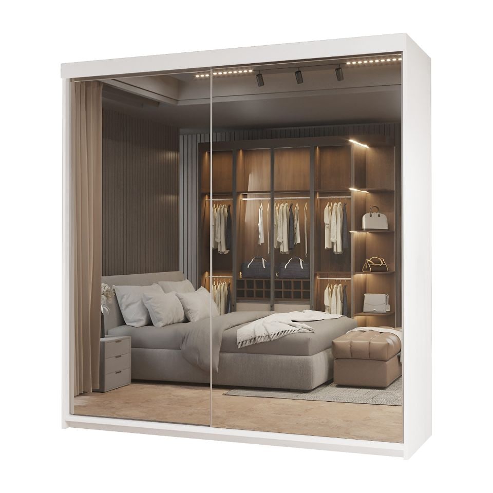 Modern Full Mirrored Sliding Door Wardrobe with Shelves & Drawers - White 200cm