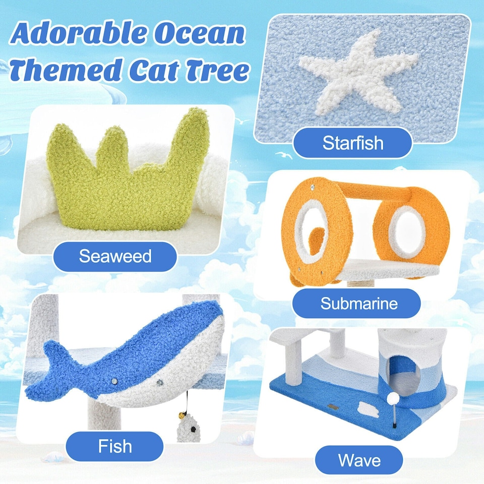 image 1 of COSTWAY Ocean-themed Cat Tree Tower Cat Activity Center