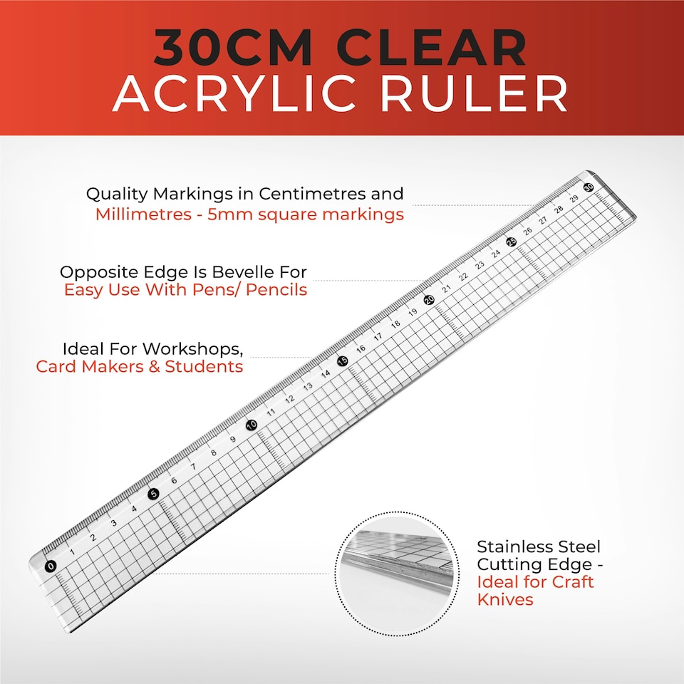 image 1 of Pack of 6 30cm Acrylic Cutting, Ruler with Steel Edge - Clear Transparent Crafts