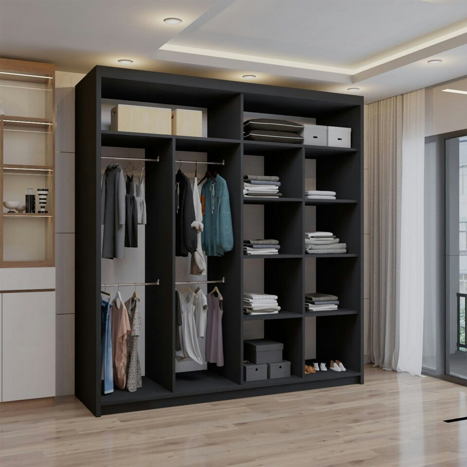 image 1 of Sliding wardrobes 4U Modern Full Mirror Sliding Door Wardrobe Multi Size & Color Options - 203cm Black | 203cm