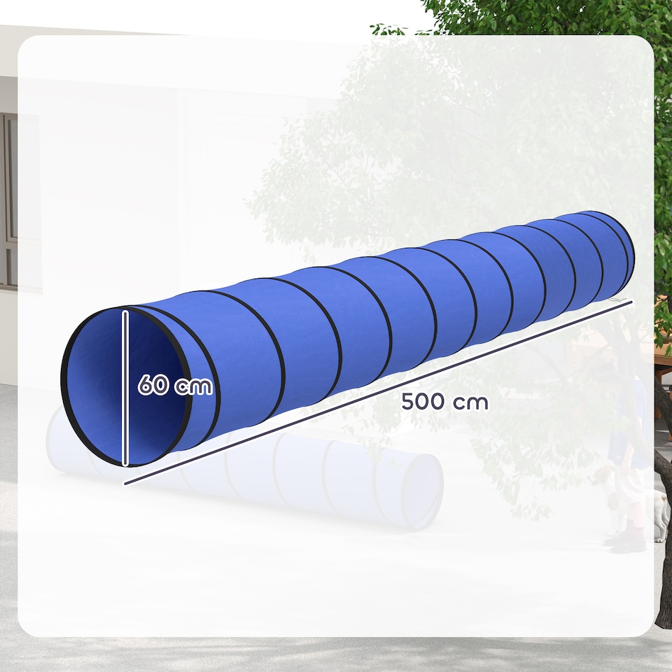 image 1 of PawHut Dog Tunnel 500cm , Foldable Play Tunnel with 6 Ground Pegs and Bag | Blue | Blue | 500 x 60 x 60 cm