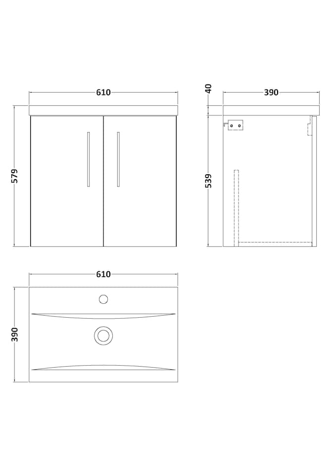 image 1 of Modern Bathroom Wall Hung 2 Door Vanity Ceramic Basin, Grey, 600mm | Grey | Satin Grey | 579 x 610 x 390mm
