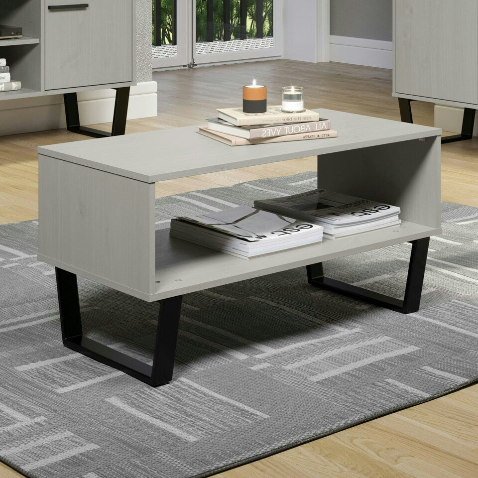 image 1 of Texas Open Coffee Table With Undershelf - Solid Wood Top and Black Metal Underframe | Grey | Solid Grey Wax | One Size | 1