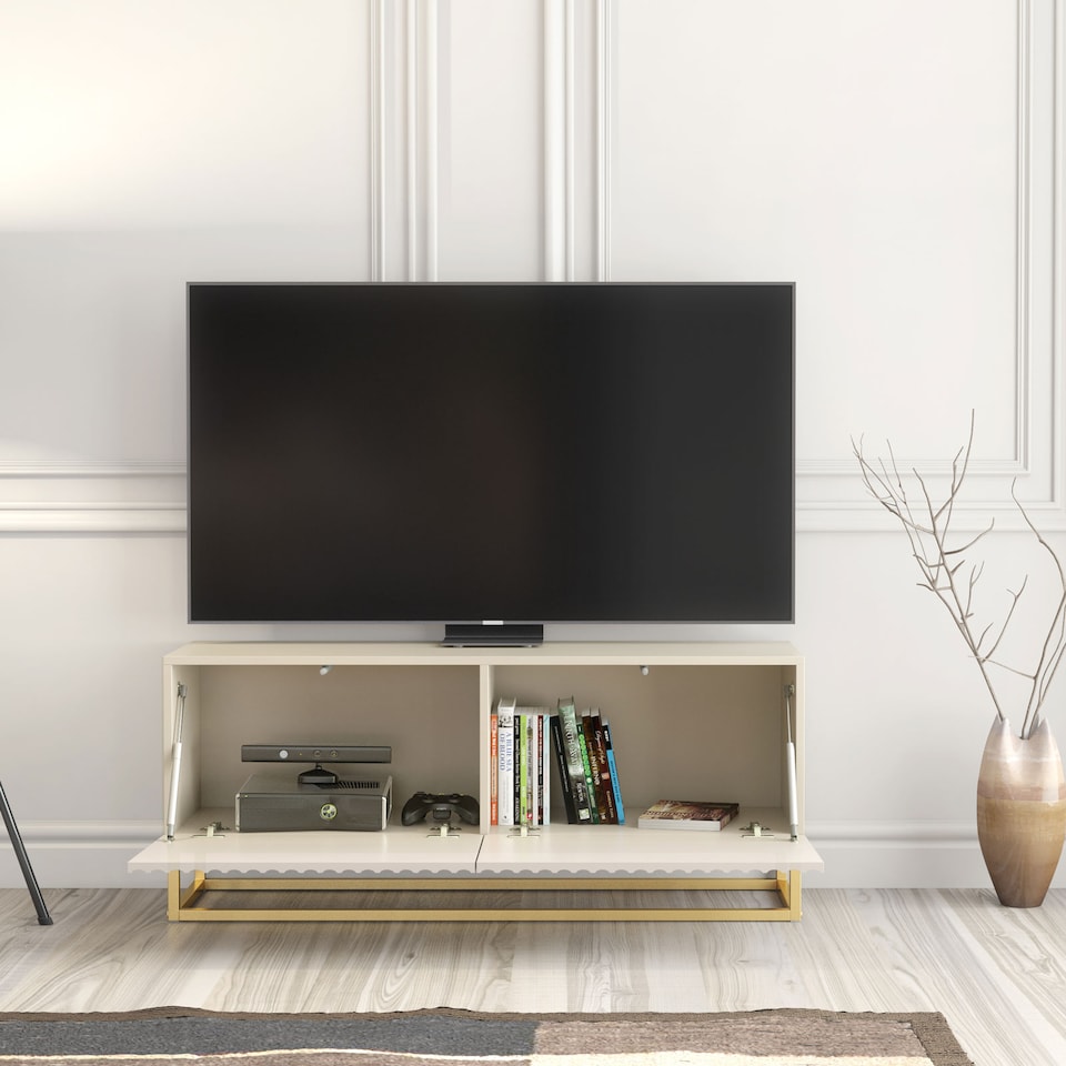 image 1 of TV Unit TV Stand Cashmere Gold Fluted Sideboard Media Console Storage Cabinet 100cm