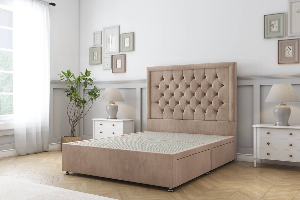 image 1 of Sloomy Montana Mink Naples Divan Bed Base 4 Drawers With 26 Inch Strutted Headboard | Brown | Mink | Small Double | 1