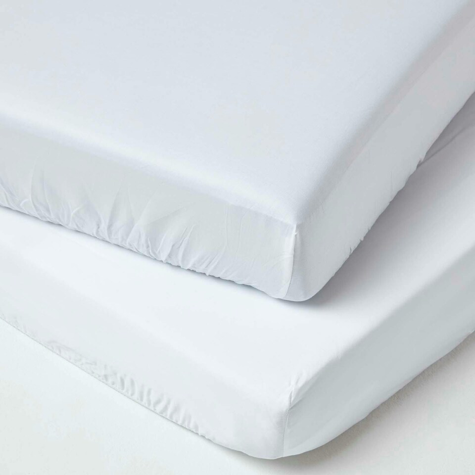image 1 of Homescapes White Organic Cotton Cot Bed Fitted Sheets 400 Thread Count, 2 Pack | White | One Size