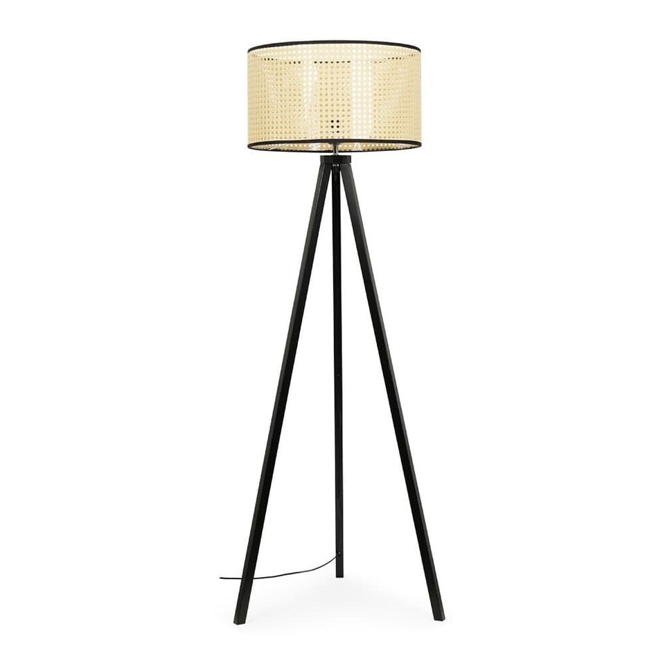 image 1 of ValueLights Barbro Black Tripod Floor Lamp Wicker Trim Shade and Bulb