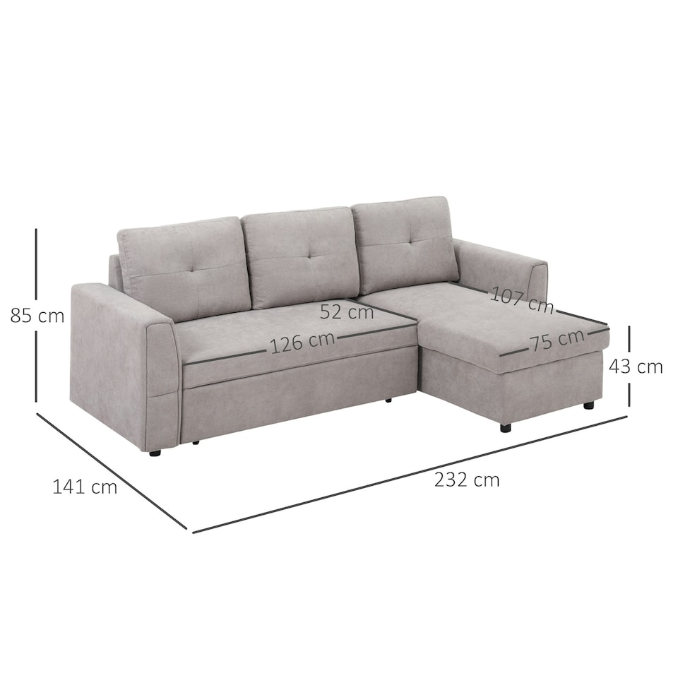 image 1 of HOMCOM 3 Seater Sofa Bed, Convertible Pull Out Sofa with Storage, Grey