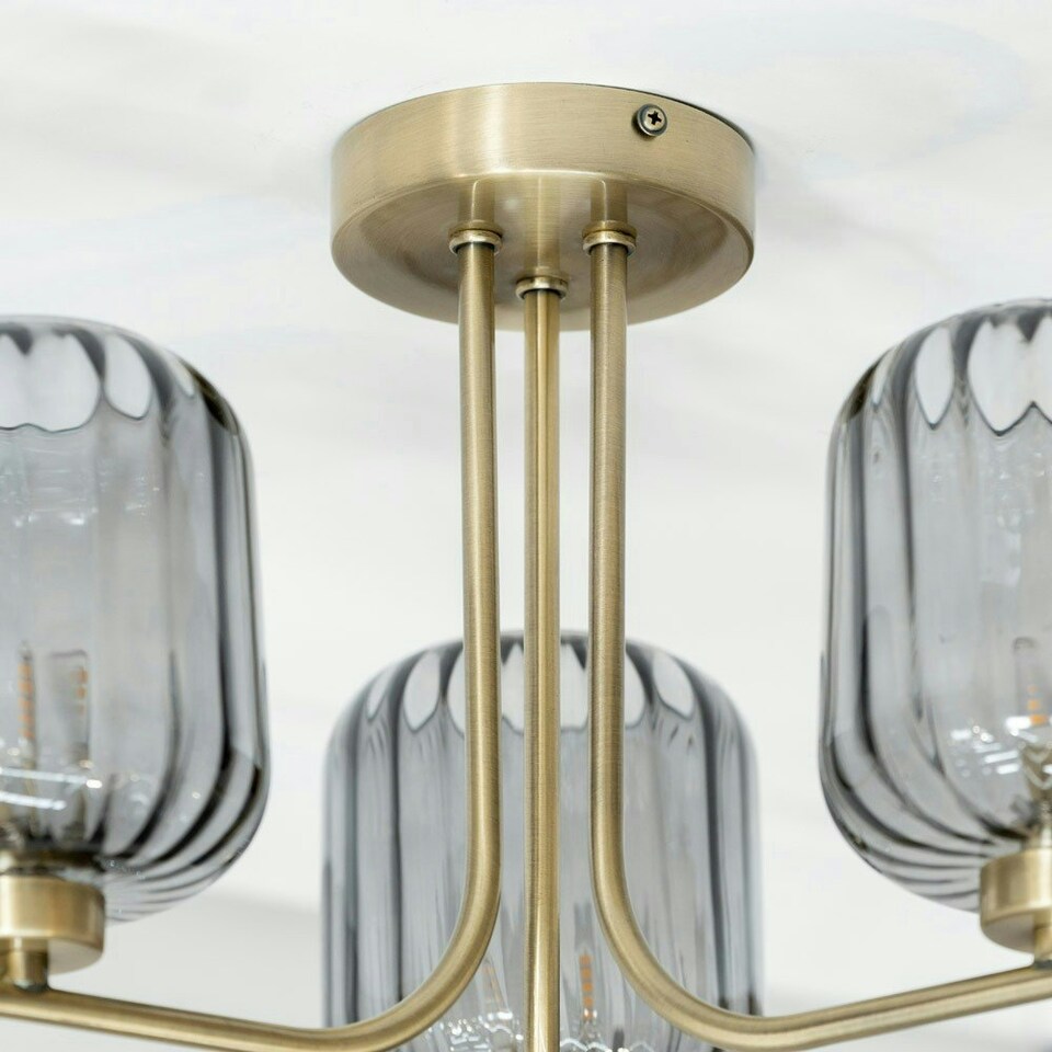 image 1 of ValueLights Amelie Gold 3 Way Ceiling Light with Smoked Ribbed Glass Shades