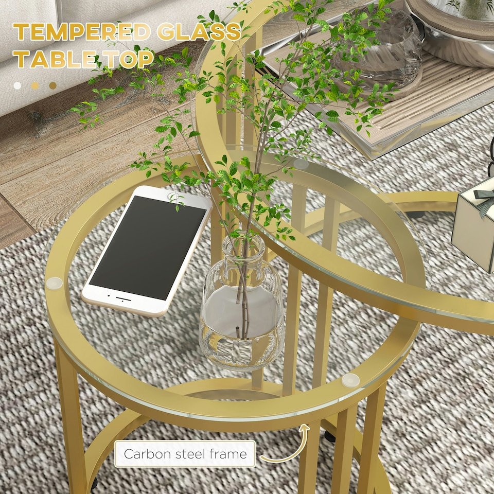 image 1 of HOMCOM 2 Pieces Round Nesting Coffee Tables with Tempered Glass Top, Gold Tone | Gold | 60x60x47