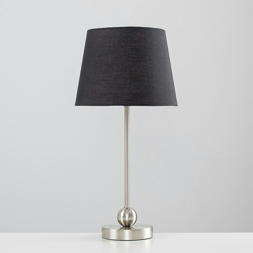 image 1 of ValueLights Theydon Brushed Silver Table Lamp with Small Black Tapered Shade and E14 Golfball LED 4W Warm White 3000K Bulb Black