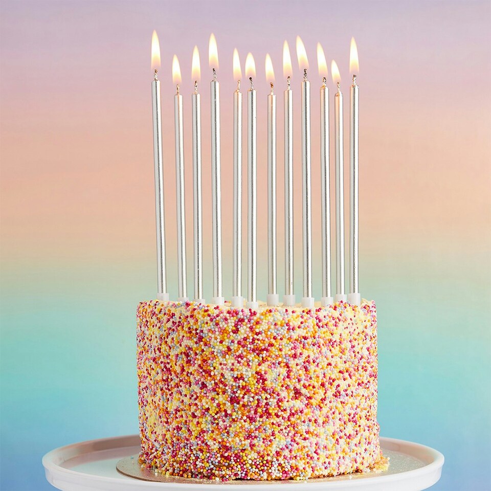 image 1 of Silver Tall Skinny Celebration Candles - Pack of 12