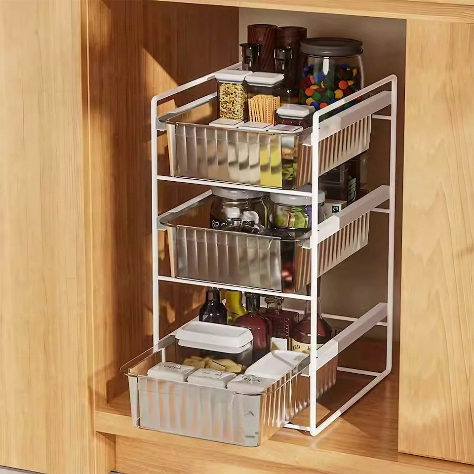 image 1 of Living and Home 3-Tier Sliding Under Sink Cabinet Organizer - White | Multi